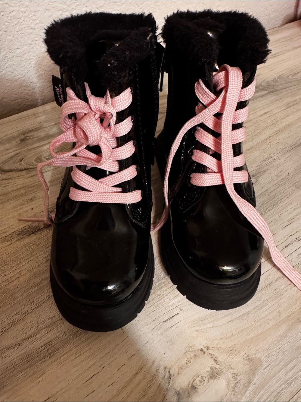 OshKosh B'gosh Black Patent Lace-Up Boots with Pink Laces